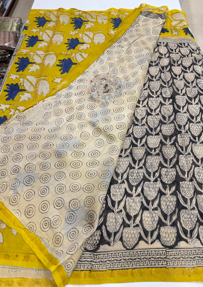 Pure Chanderi Silk Saree with Intricate Handblock Print and Blouse Piece – Traditional Wear for Women