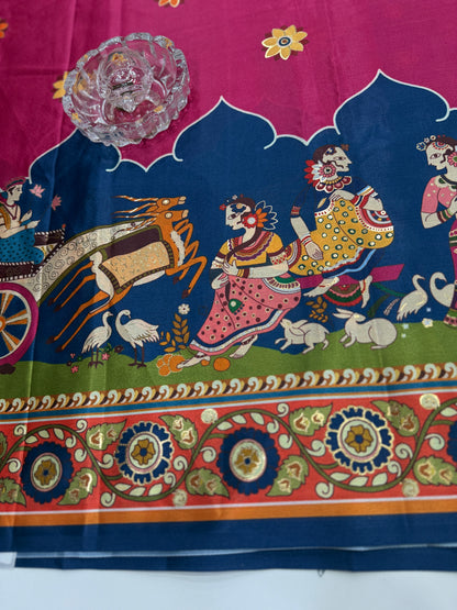 Japan satin saree for women with position print pallu and blouse, soft satin printed saree for festive and casual wear