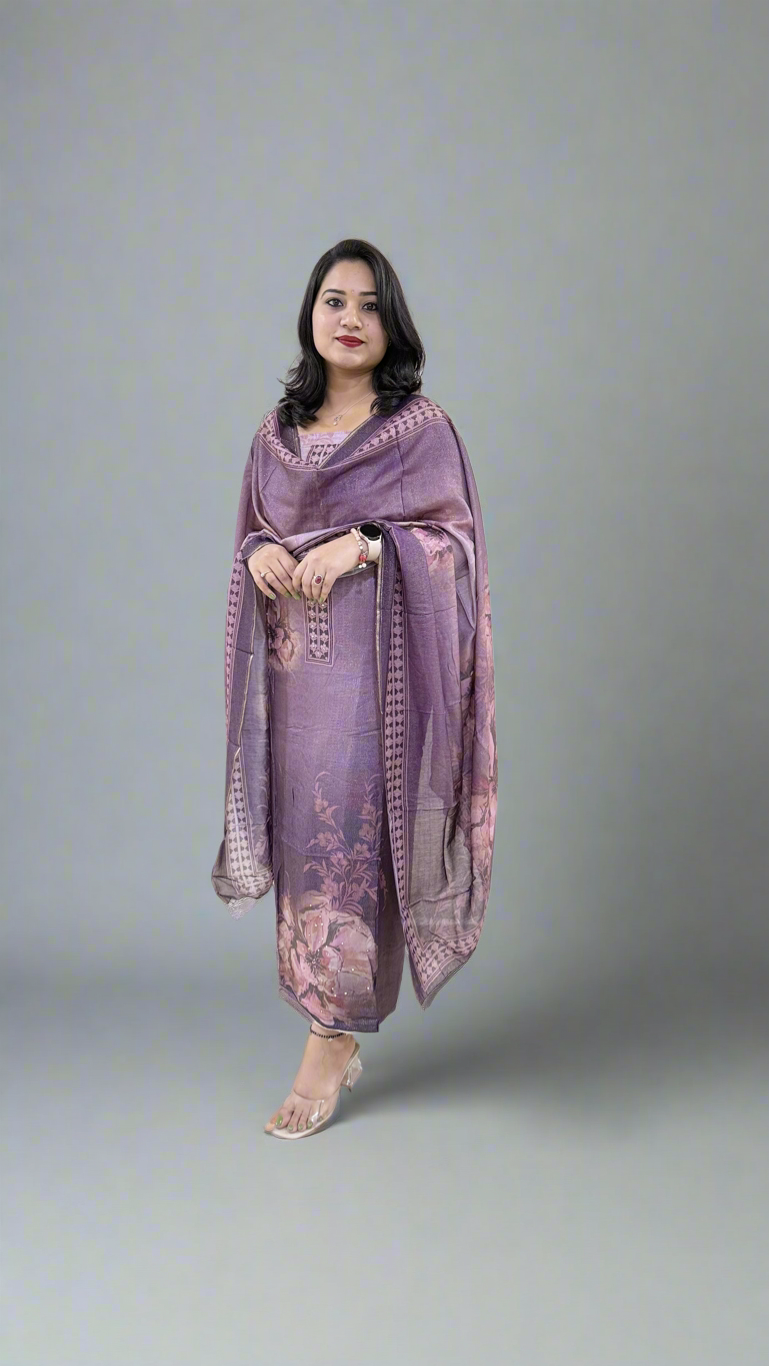 Unstitched Viscose Muslin Shimmer Dress Material with Digital Print, Aari Sequins Mirror Work and Dupatta
