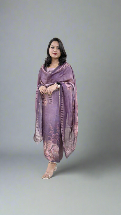 Unstitched Viscose Muslin Shimmer Dress Material with Digital Print, Aari Sequins Mirror Work and Dupatta