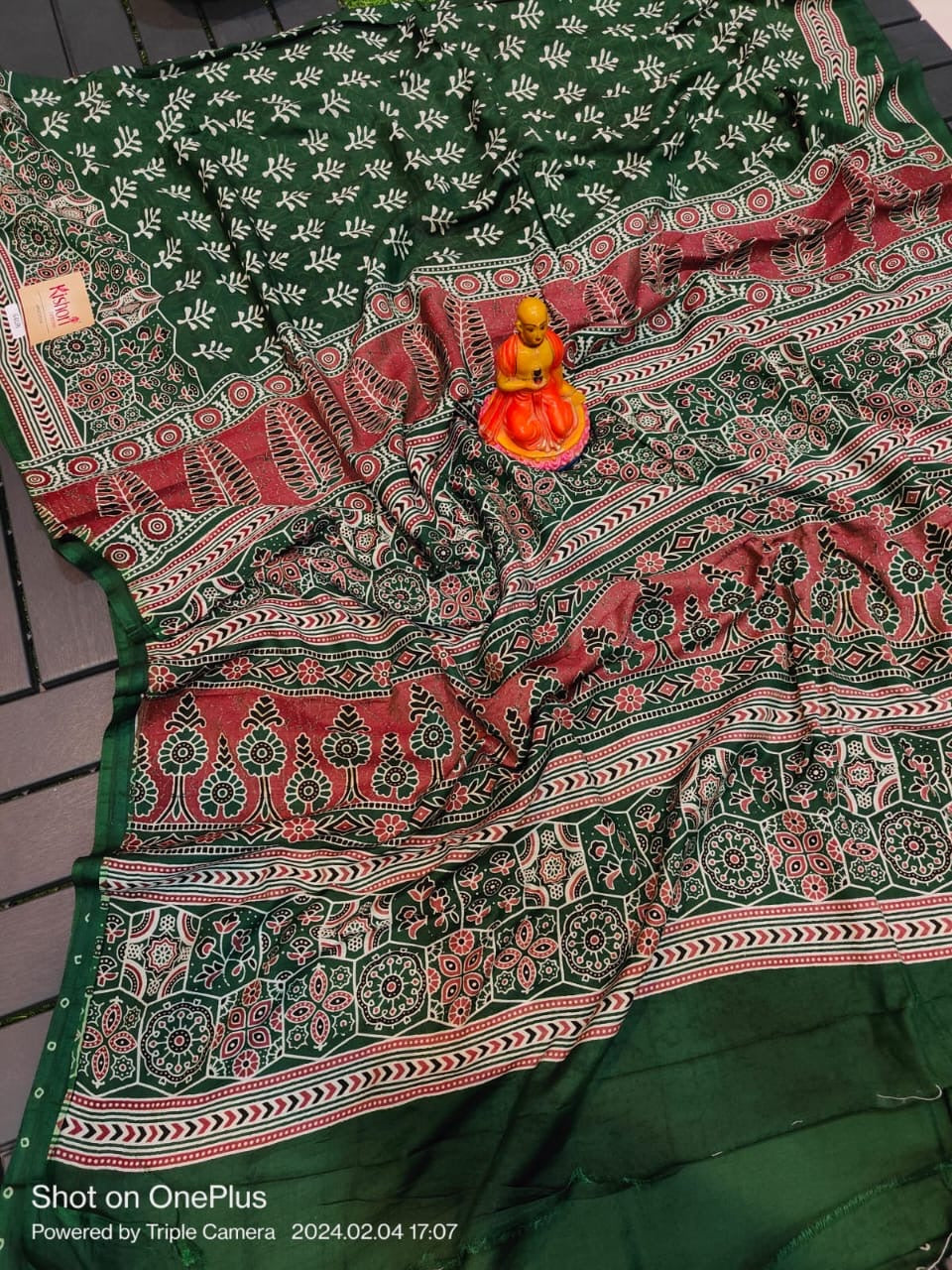 Semi Modal Silk Saree with Hand Block Prints and Contrast Blouse for Women