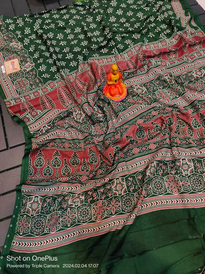 Semi Modal Silk Saree with Hand Block Prints and Contrast Blouse for Women