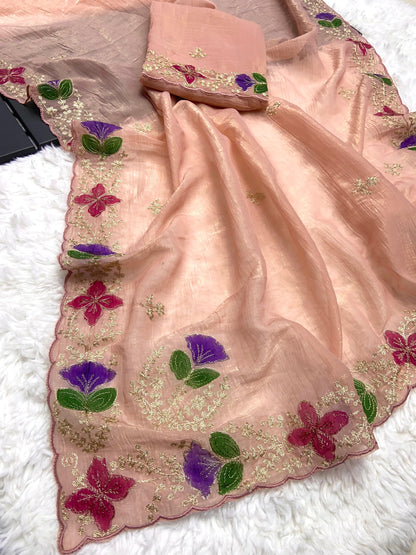 Soft Crunchy Fabric Saree with Pitta Work, Brush Print and Arco Border