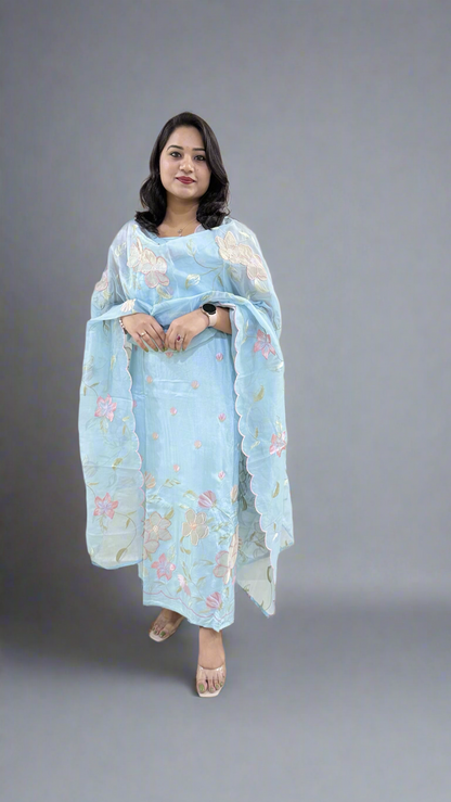 Unstitched Bamber Silk Suit with Resham Embroidery, 3D Patch Appliqué and Organza Dupatta