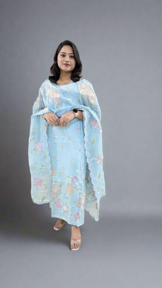 Unstitched Bamber Silk Suit with Resham Embroidery, 3D Patch Appliqué and Organza Dupatta