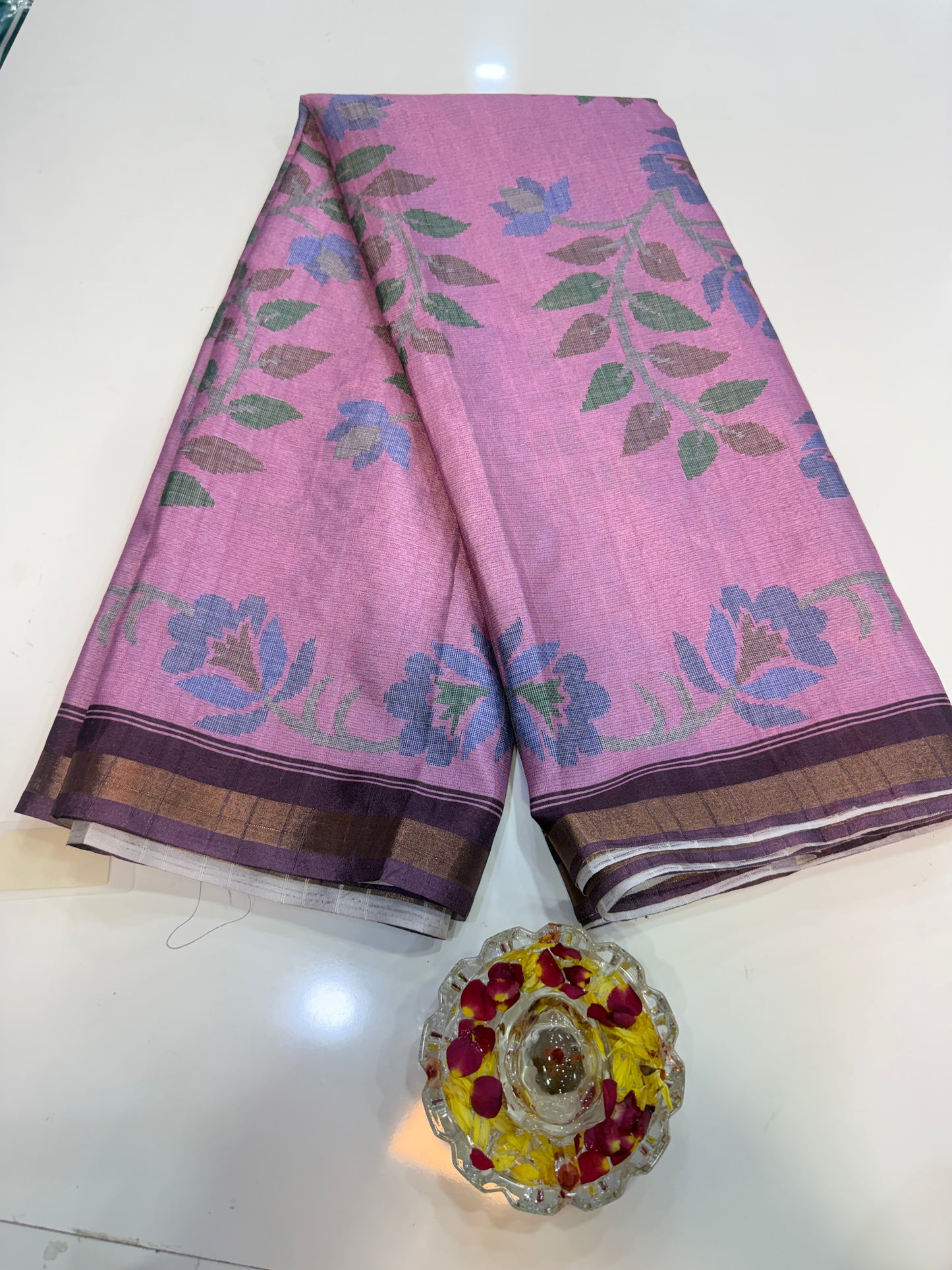 Raw tussar silk saree with smart floral design and soft marmo finish, printed border saree