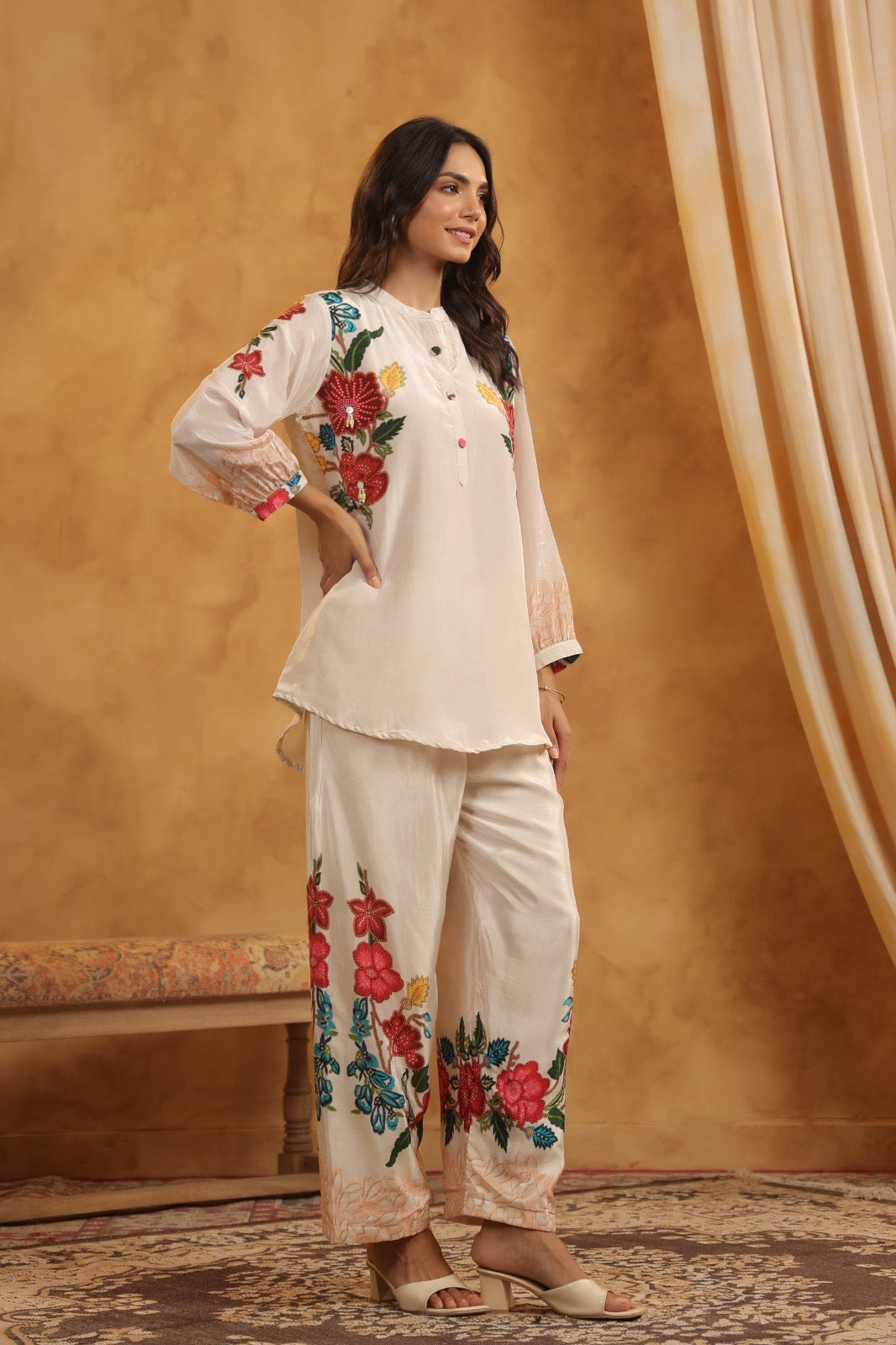 Premium Crepe Co-Ord Set with Floral Placement Print, Button and Tassel Detailing – Ethnic Wear for Women (38 to 44)