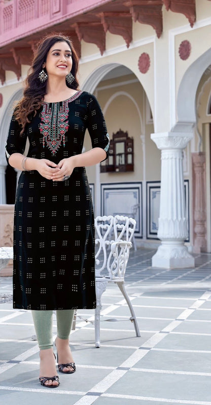 Rayon Printed Kurti with Embroidery and Handwork for Women – XL & XXL