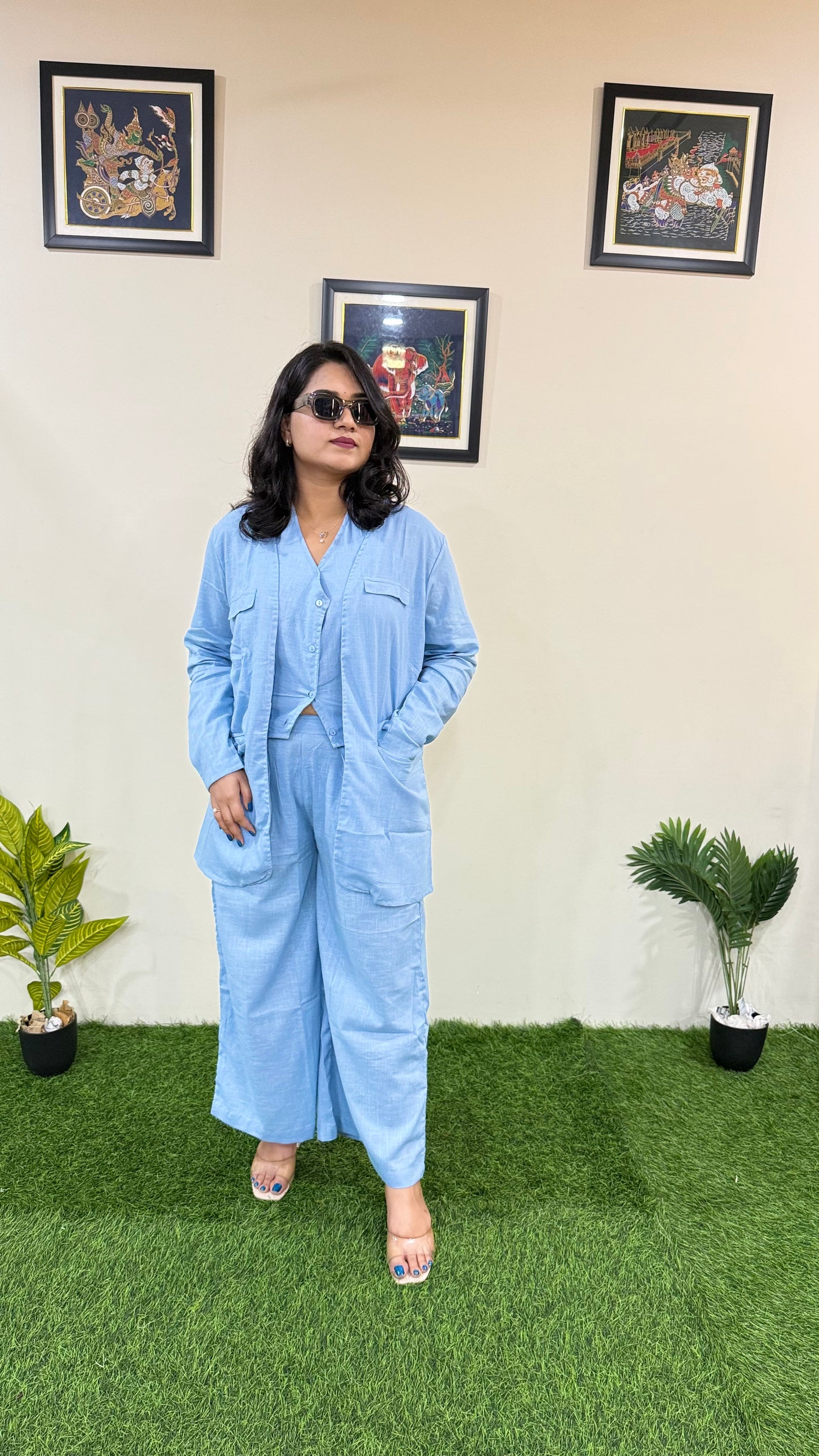 Pure Cotton Slub Bell-Bottom Pants with Halter Neck Waistcoat and Long Blazer – Women’s Three-Piece Set (Sizes 40 to 44)