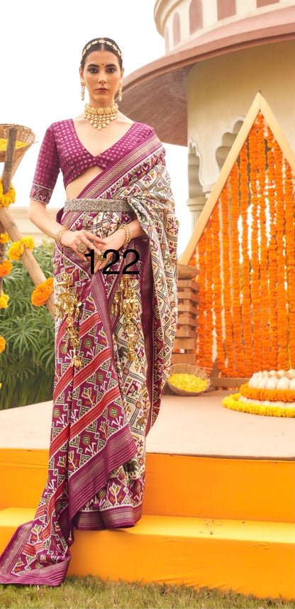 Patola Sigma Silk Saree with Aqwa Finish and Gold Print Waist Belt for Women