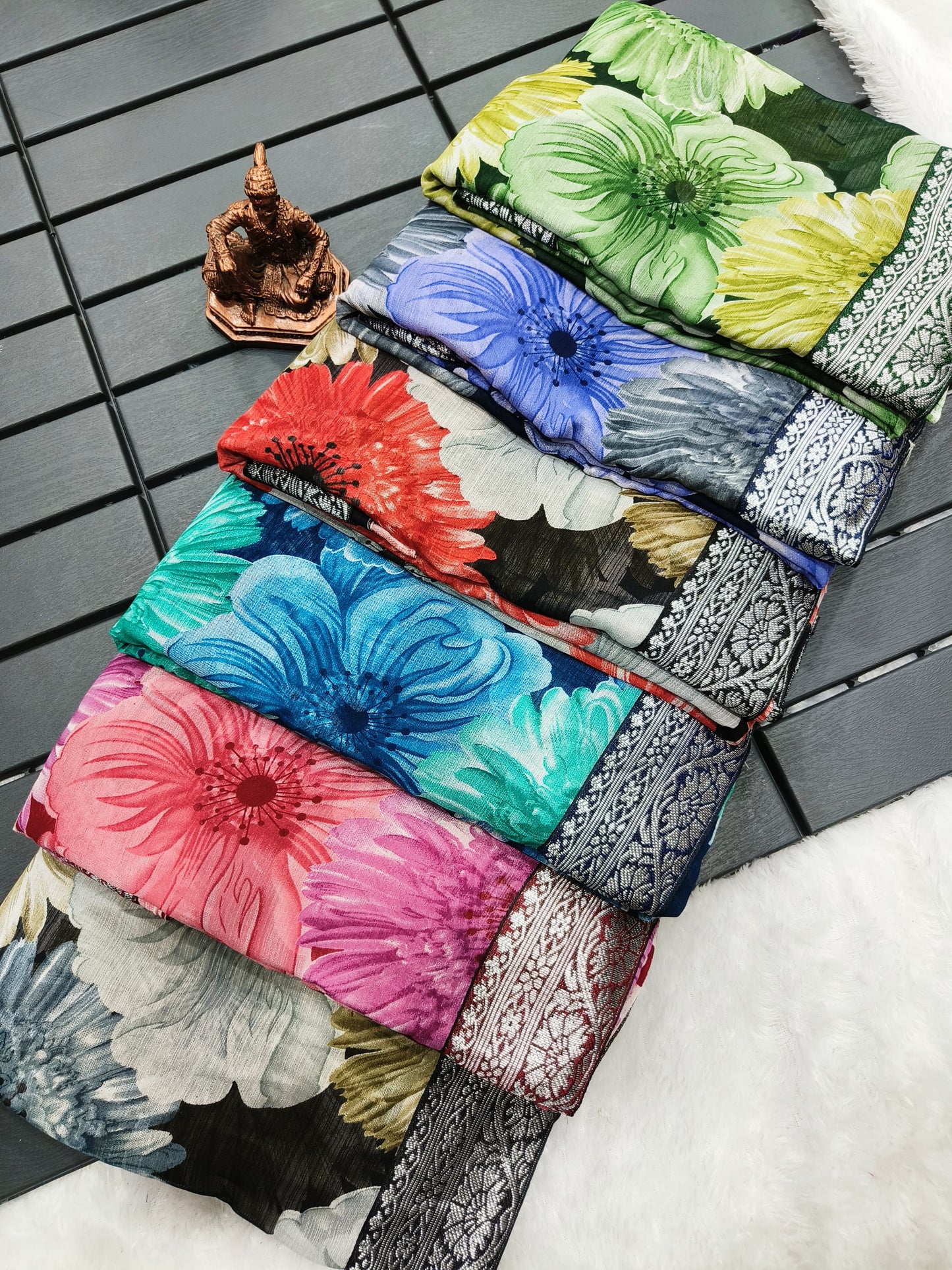 Women’s Heavy Chiffon Georgette Saree with Floral Print, Silver Border and Jacquard Blouse