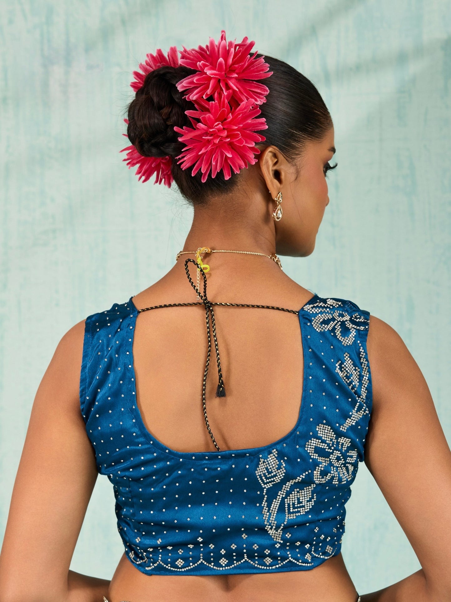 Women’s Ombre Satin Saree with Rhinestone Crystal Embroidery and Blouse Piece