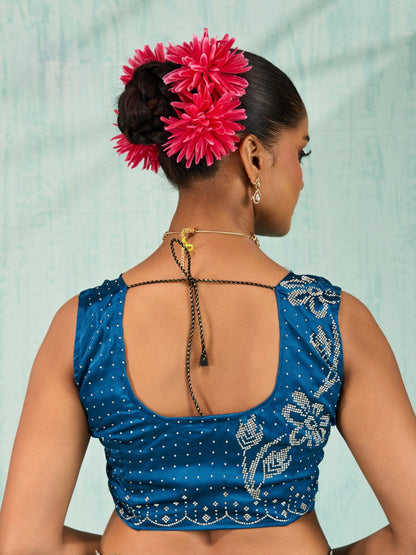 Women’s Ombre Satin Saree with Rhinestone Crystal Embroidery and Blouse Piece