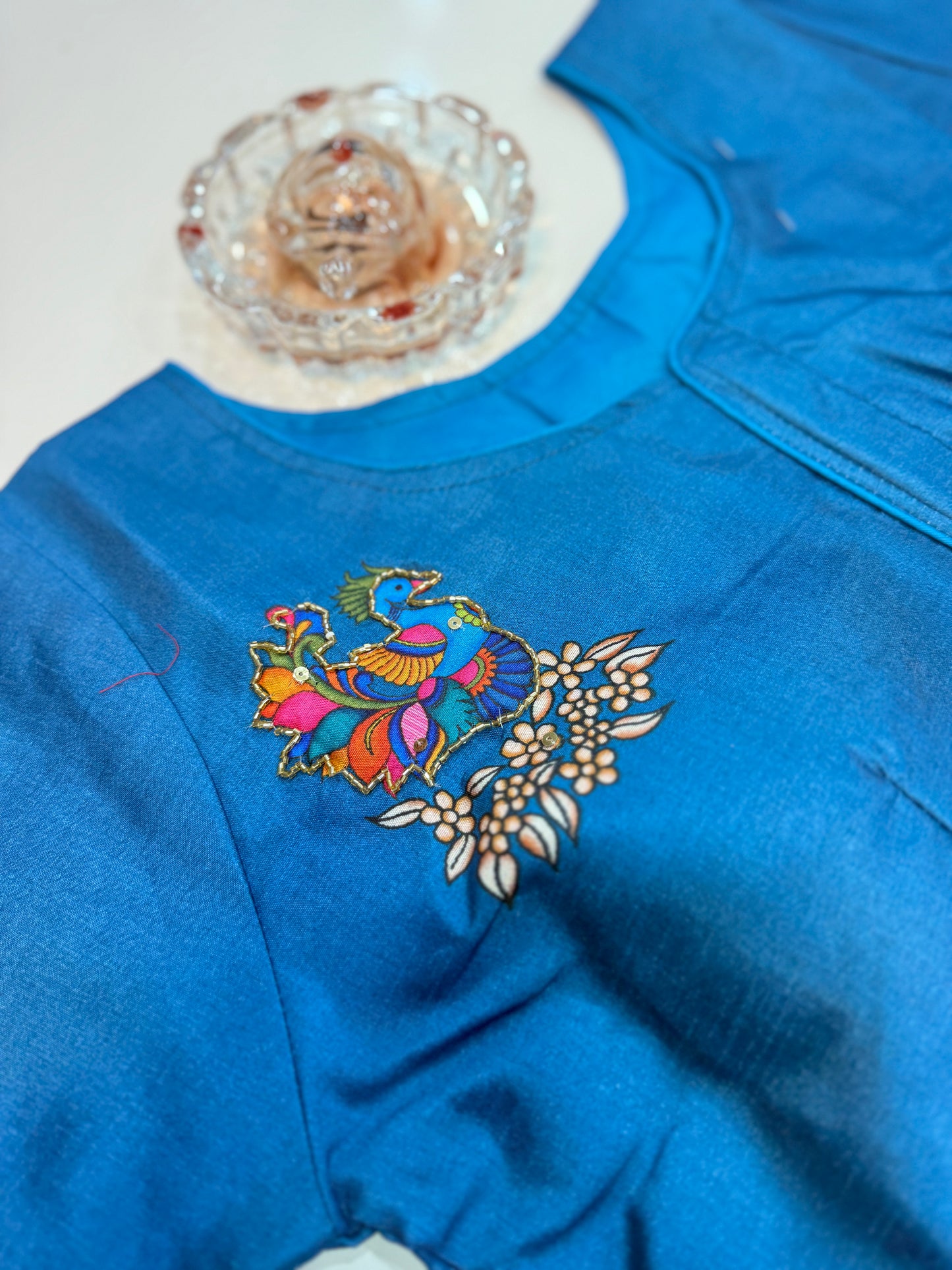 Silk printed readymade blouse for women with antique handcrafted work, size 38–42, short sleeve, saree blouse