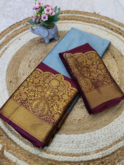 Kanjivaram Narayanpeth Silk Saree with Mor Designer Border and Contrast Pallu – With Blouse Piece