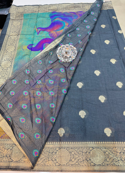 Modal silk saree with woven buttas and peacock pallu for women