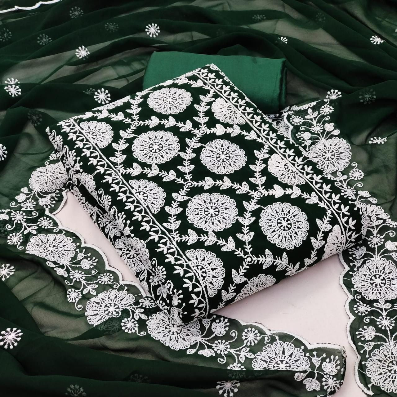 Unstitched Georgette Dress Material Set with Cotton Dhaga Work, Shantoon Bottom and Dupatta