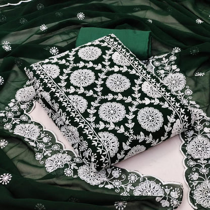 Unstitched Georgette Dress Material Set with Cotton Dhaga Work, Shantoon Bottom and Dupatta