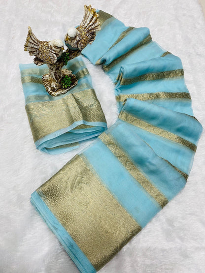 Kanchipuram Organza Jacquard Full Worked Saree with Raw Silk Organza Running Blouse