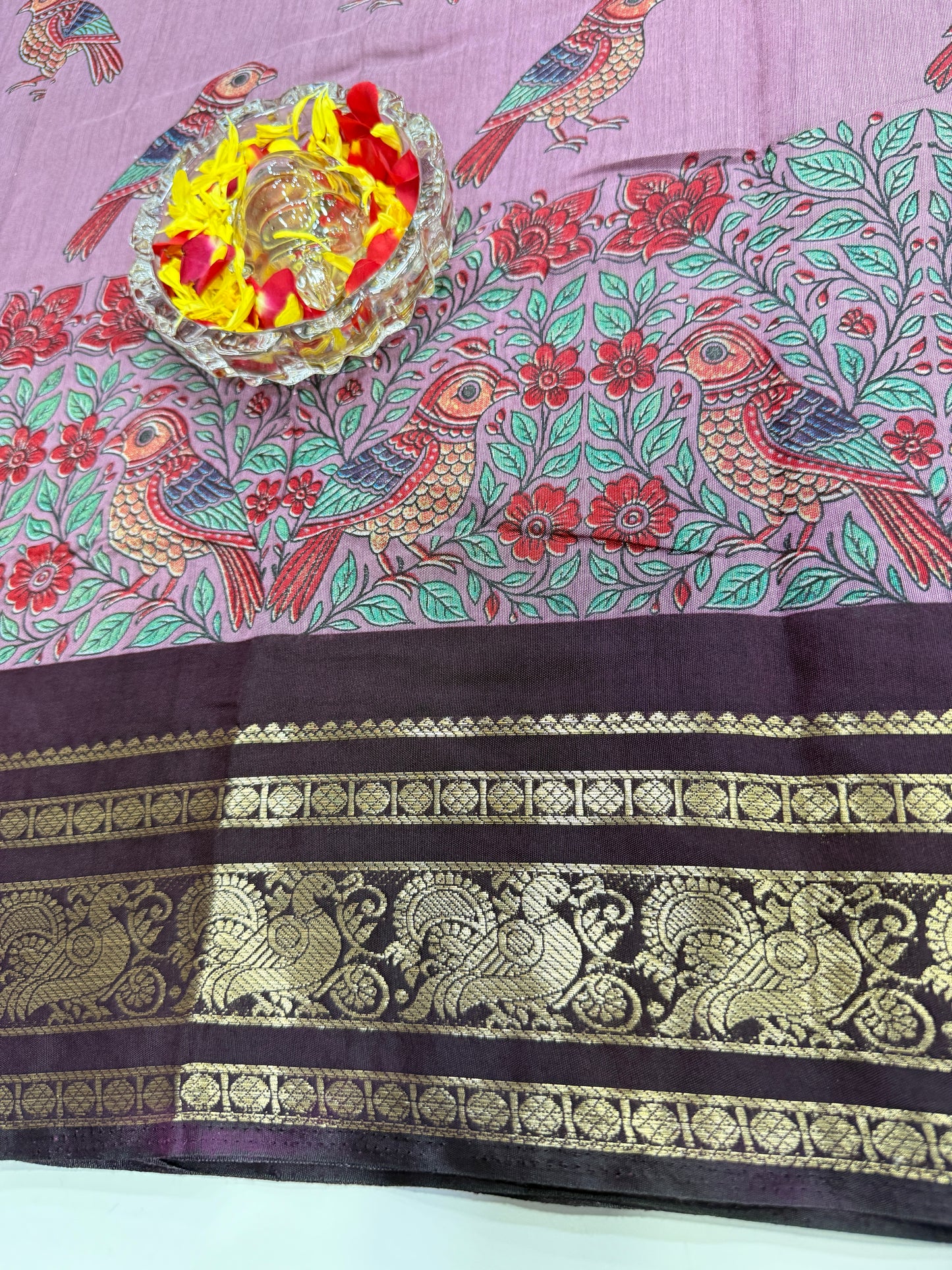 Venkatagiri style silk-blend printed saree with bird motifs and zari-style border, 6.3m women’s festive saree
