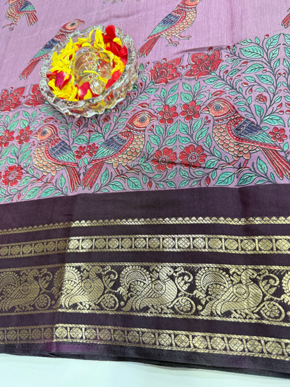 Venkatagiri style silk-blend printed saree with bird motifs and zari-style border, 6.3m women’s festive saree