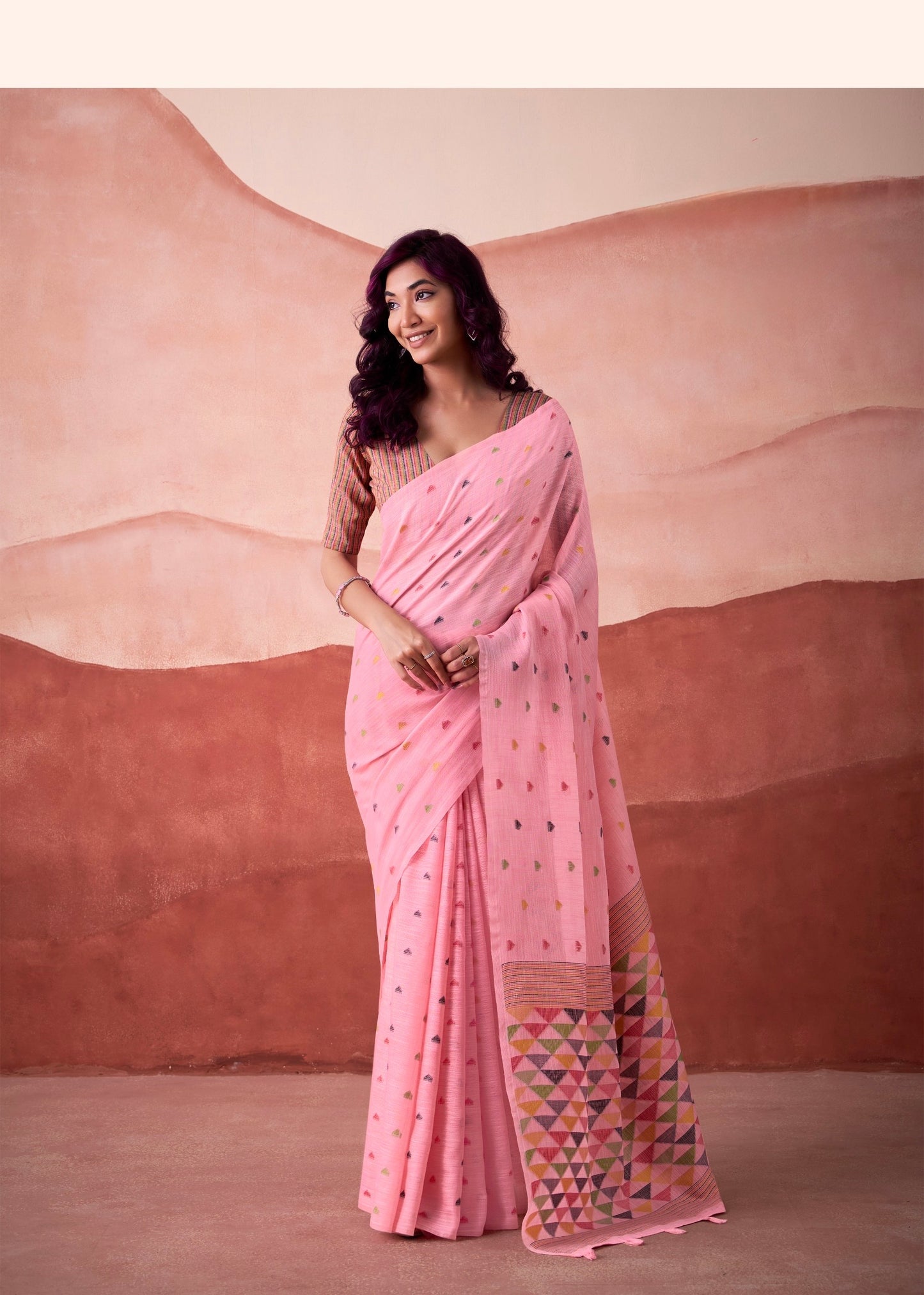 linen silk printed saree with geometric pallu and multicolor motifs – ethnic wear for women