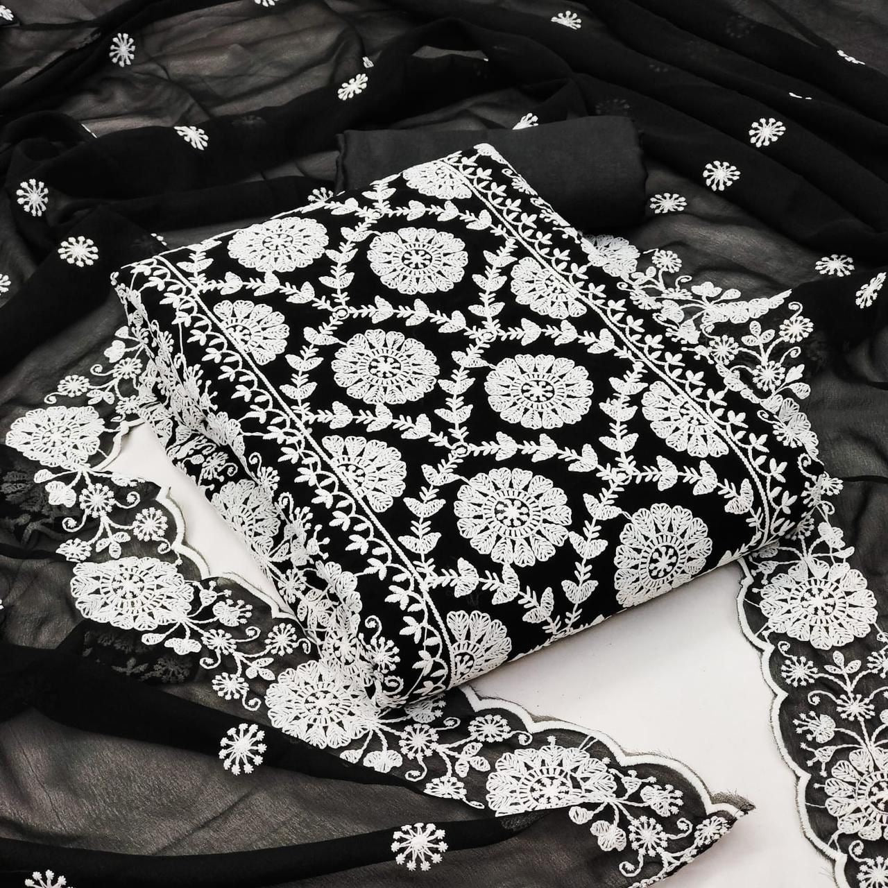 Unstitched Georgette Dress Material Set with Cotton Dhaga Work, Shantoon Bottom and Dupatta