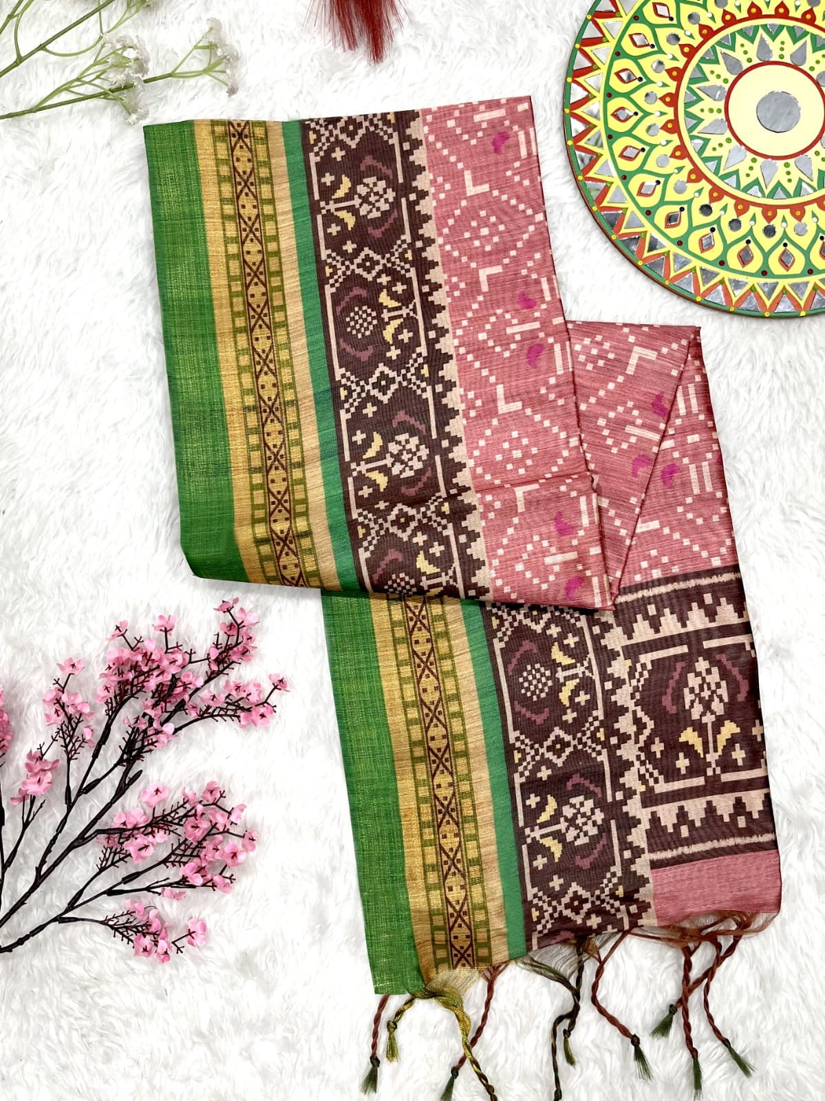 Soft Raw Silk Ikat Print Saree with Tassel Border and Contrast Blouse Piece