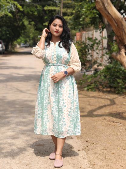 Women’s Off-White Georgette Printed Midi Dress with Puff Sleeves – Sizes M to 3XL