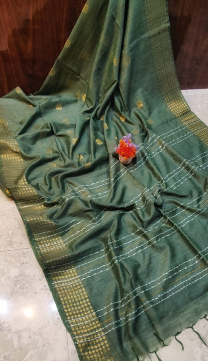 Muga Silk Saree with Sequence Pallu, Weaving Butta Design and Blouse Piece for Women