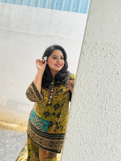 Pure Rayon Co-Ord Set with Floral Patch Digital Print, Kauri Buttons, and Flared Sleeves – Casual Fusion Wear for Women