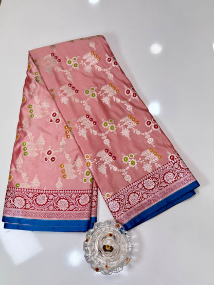 Mashru Katan Silk Saree with Multicolor Zari Weaving and Contrast Border – Festive Wear for Women