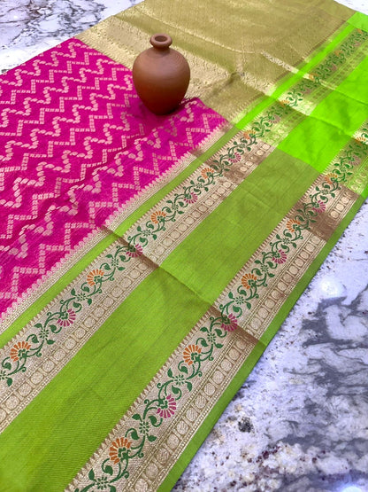 Mangalgiri Tissue Saree with Floral Design, Zari Rich Pallu, Big Border, and Contrast Blouse Piece for Women