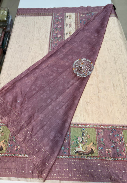 Tussar Fabric Saree with Katha Print Border, Mirror Work and Matching Blouse