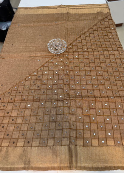 Pure Tissue 150 Count Linen Handloom Saree with Handwork and Running Blouse for Women