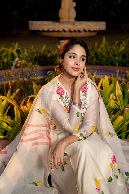 Mal Chanderi Anarkali Kurti Pant Dupatta Set with Embroidery and Hand-Painted Digital Design for Women