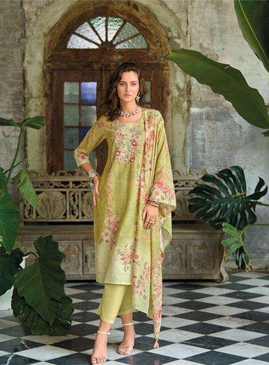 Women’s Linen Schiffli Embroidered Kurta Set with Cotton Pant and Viscose Mal Dupatta – L to 3XL