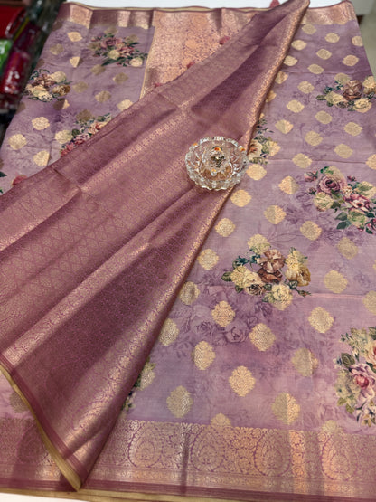 Bamboo Silk Floral Printed Saree with Rich Decorative Pallu, All Over Rich Butti Weaving