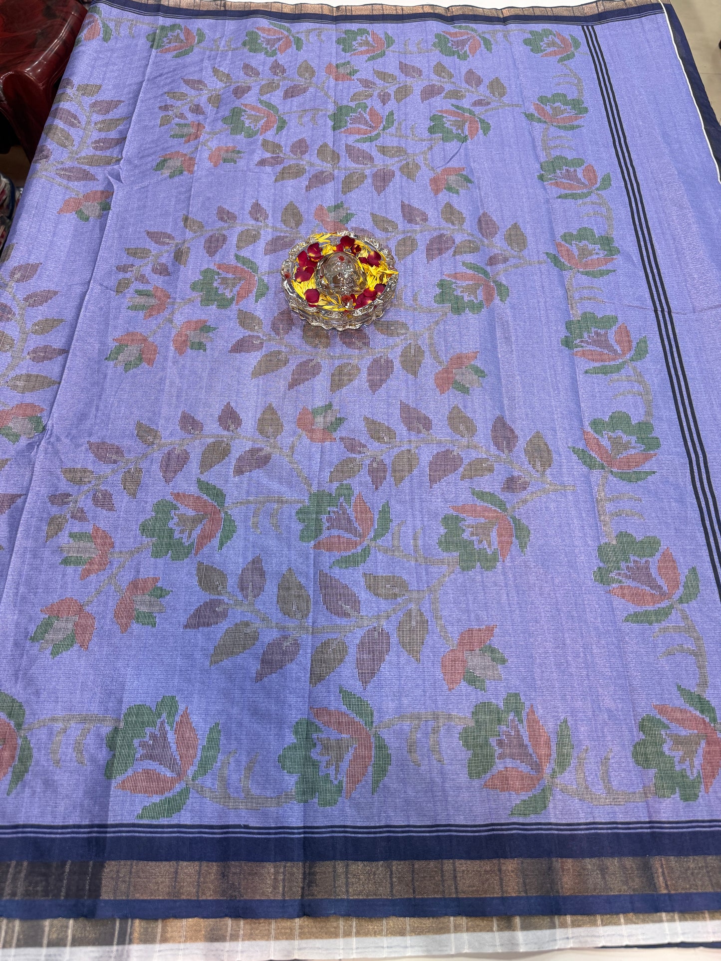Raw tussar silk saree with smart floral design and soft marmo finish, printed border saree