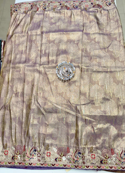 Tissue Silk Saree with Embroidery, Sequin, and Mirror Work Border – Festive Saree for Women