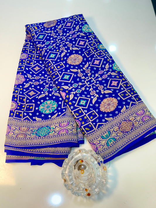 Banarasi Pure Georgette Bandhani Saree with Golden Zari Jaal and Meenakari Work – Bridal Wear