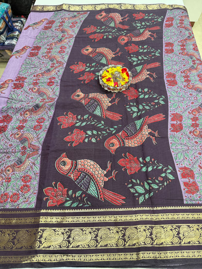 Venkatagiri style silk-blend printed saree with bird motifs and zari-style border, 6.3m women’s festive saree