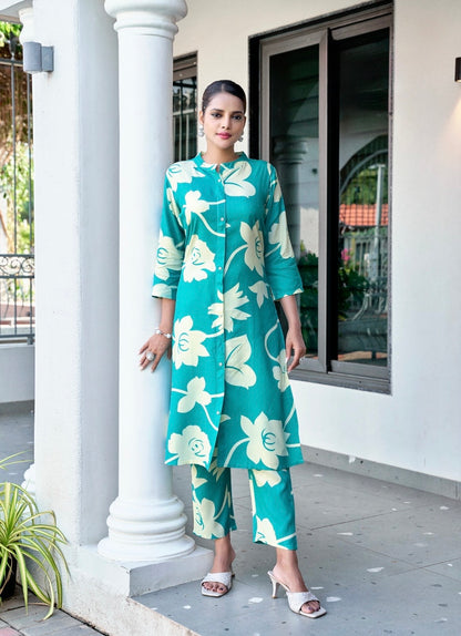 Heavy Viscose Printed Co-Ord Set with Mandarin Collar, Button Detailing, and Side Pocket – Ethnic Wear for Women (XL to 3XL)