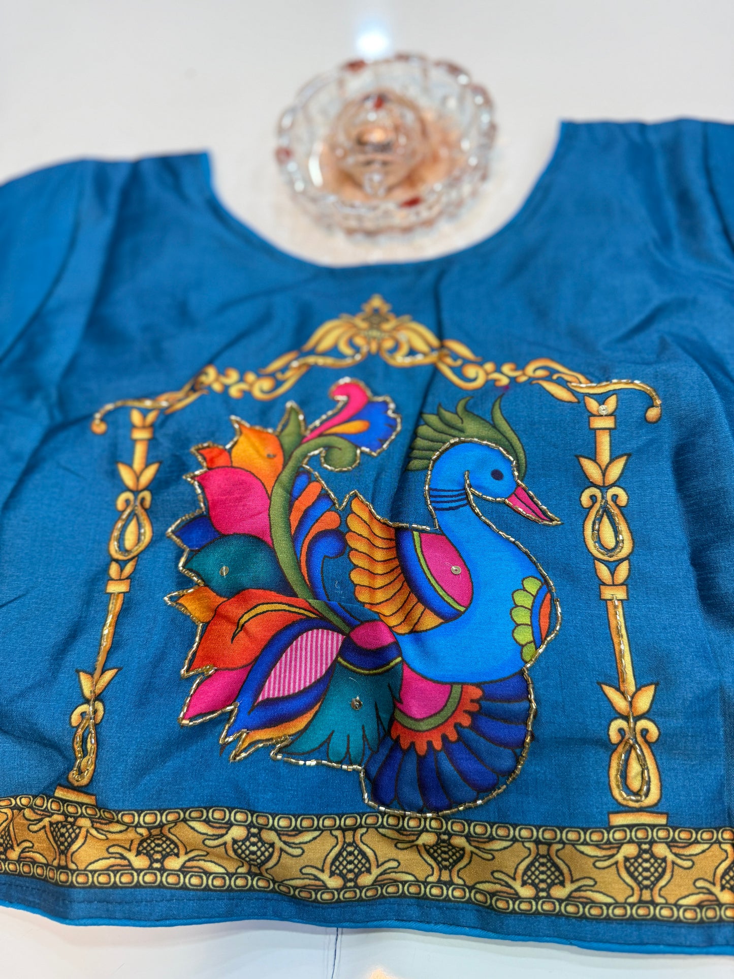 Silk printed readymade blouse for women with antique handcrafted work, size 38–42, short sleeve, saree blouse