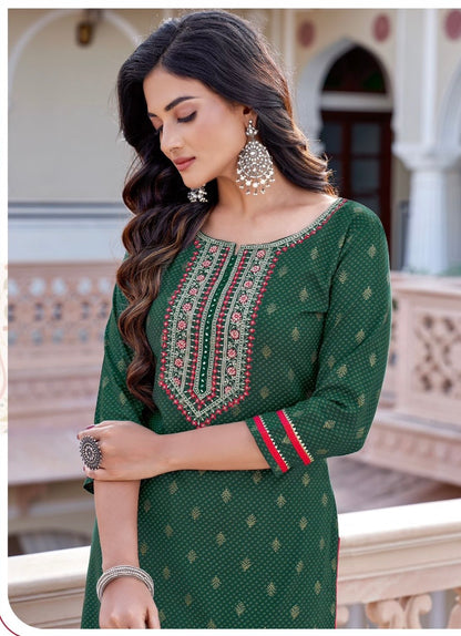 Rayon Printed Kurti with Embroidery and Handwork for Women – XL & XXL