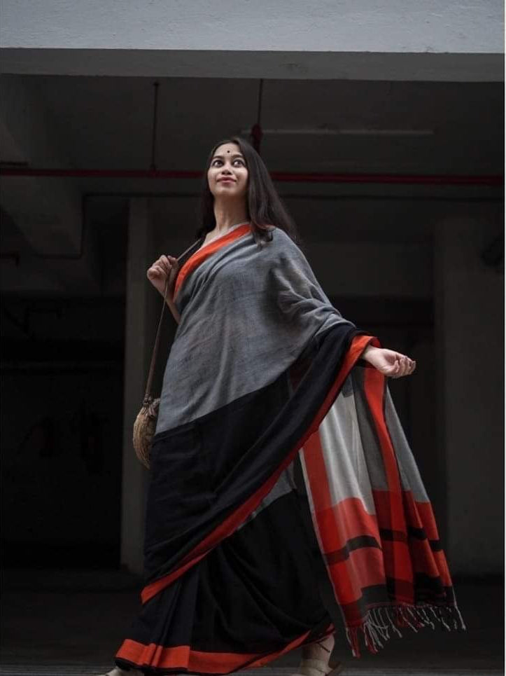 Charcoal Cotton Blend Textured Weave Saree with Matching Blouse Piece for Women