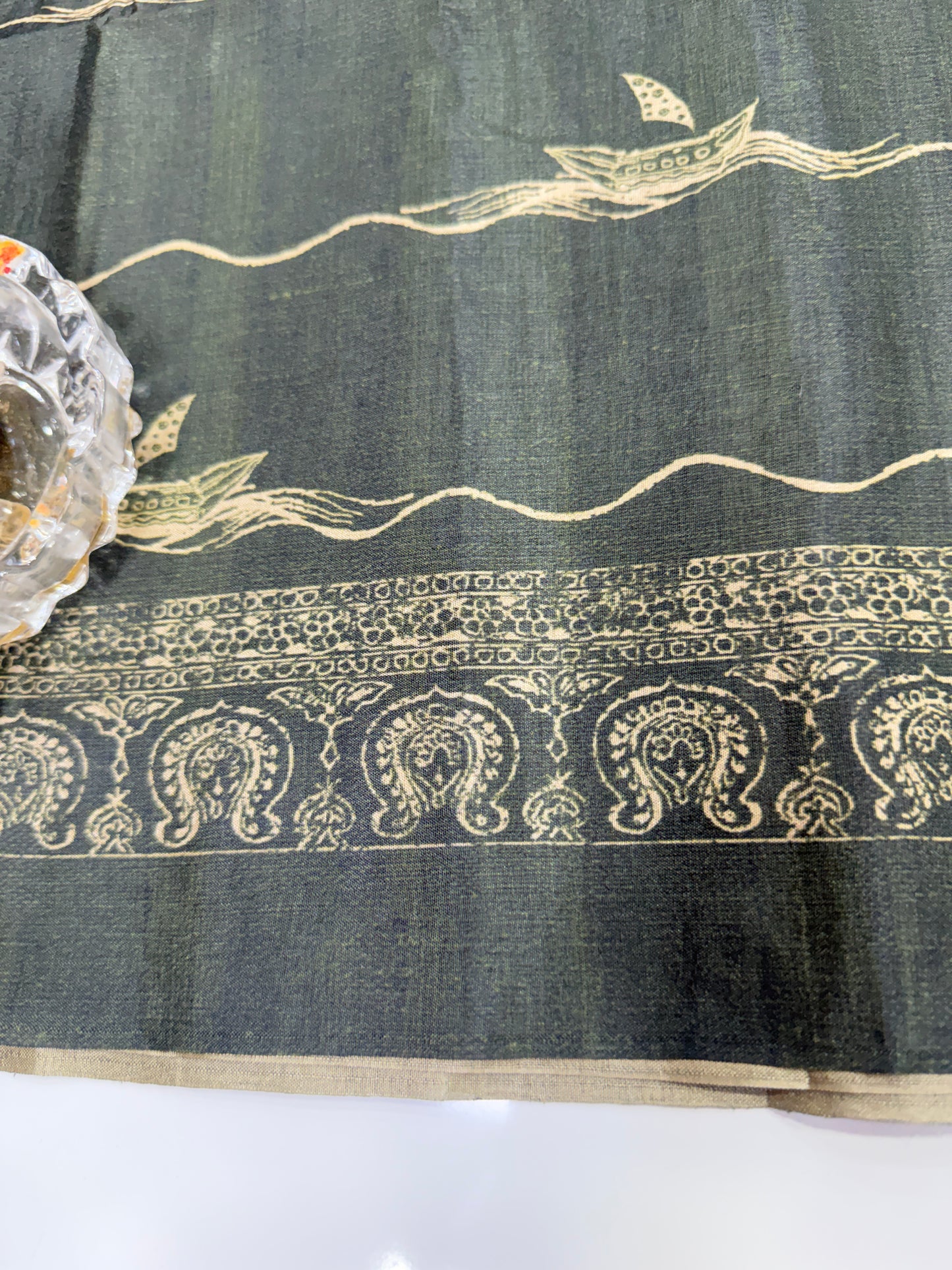 Semi Tussar Silk Saree with Ethnic Print Border and Tassel Pallu, Sea & Ships Print