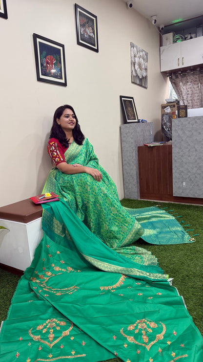 Lime green Designer Silk Saree with Heavy Embroidery Work and Unstitched Blouse for Festive and Wedding Wear