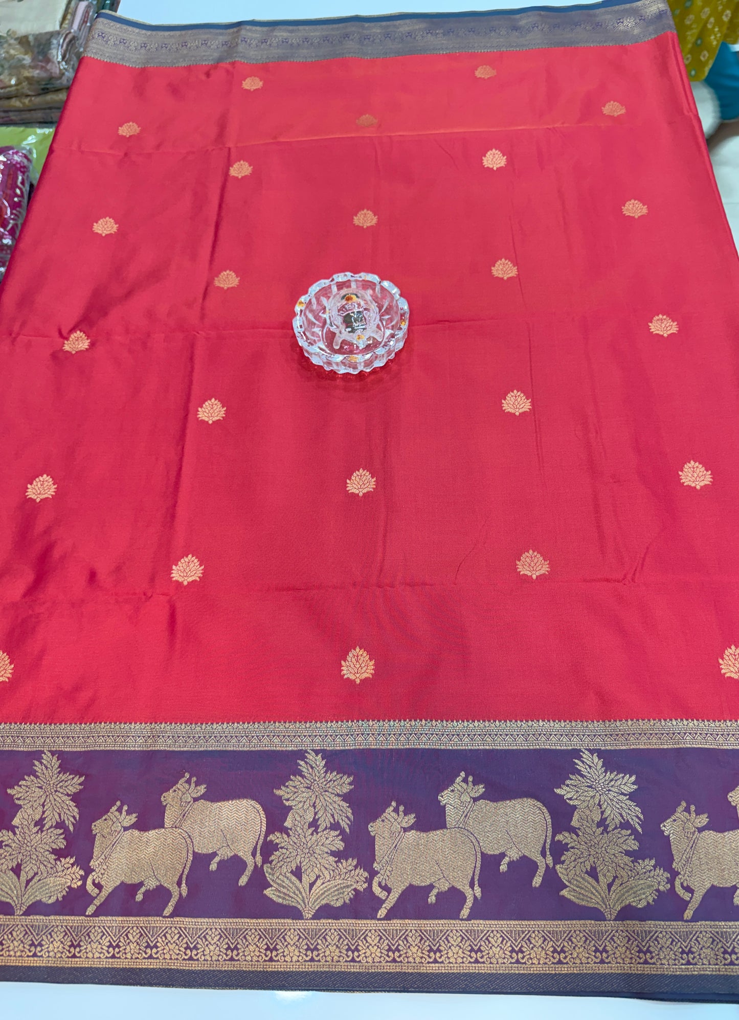 Handloom styled Silk Pichwai Saree with Woven Border and Contrast Blouse