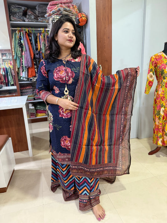 Blue Viscose Kurta Set with Floral Print and Striped Dupatta – Women’s Sizes S to XXL